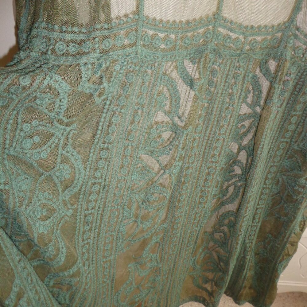 NWOT Indigo Thread Co. Sheer Embroidery Boho Open Duster XS Green  Long Sleeves - Picture 9 of 16